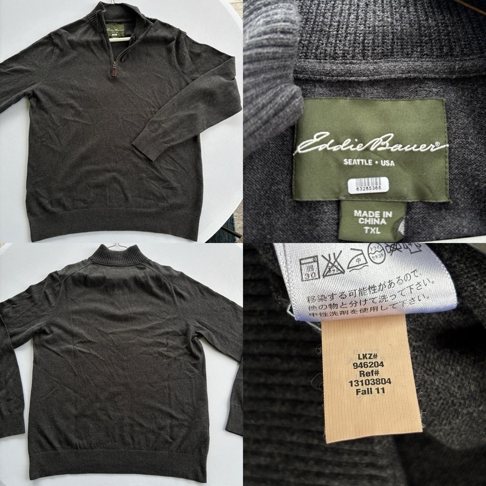 Eddie Bauer Quarter Zip Sweater Mens XL Charcoal Gray Mock Neck Pullover Knit - Picture 1 of 16